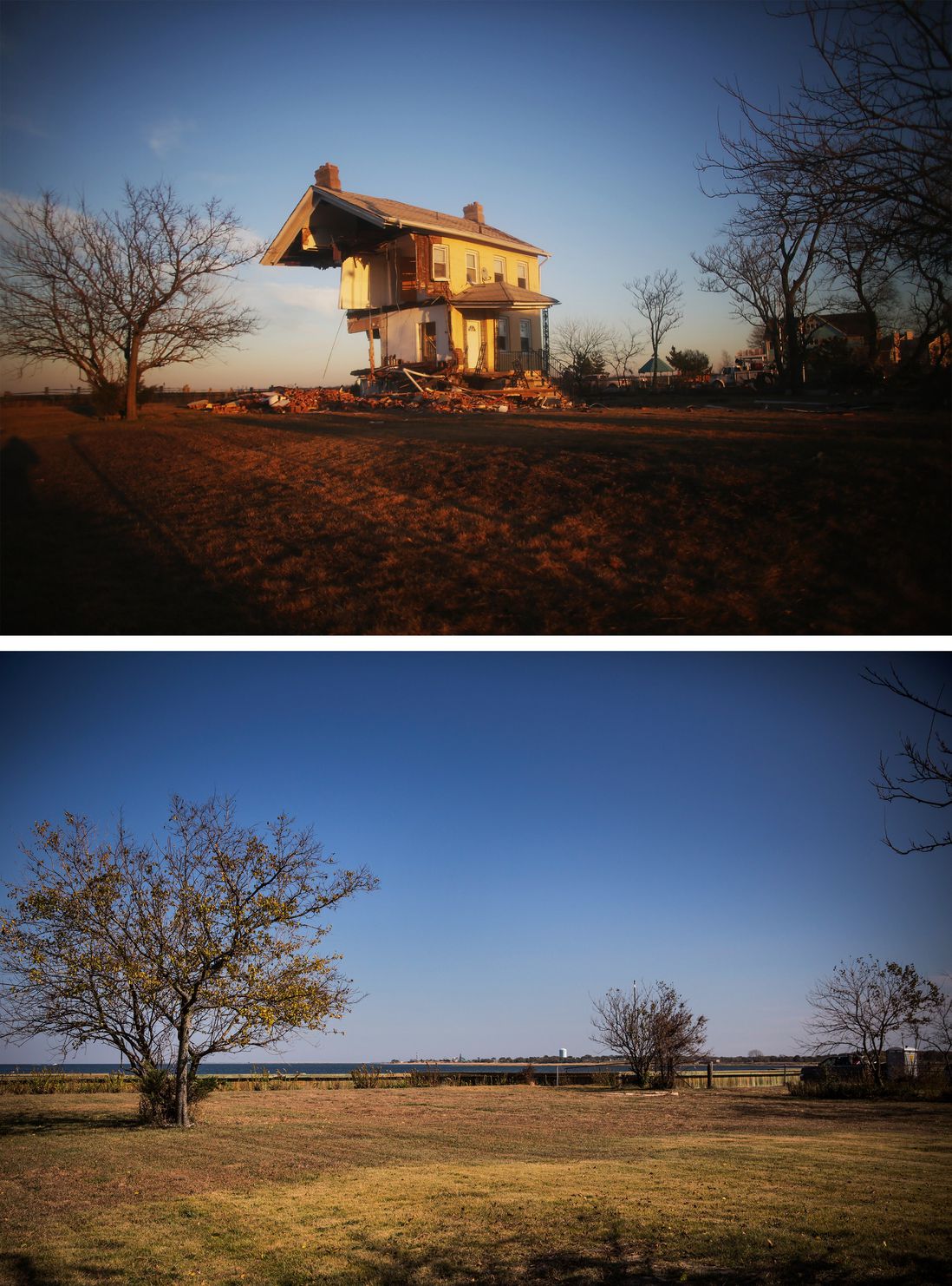 [Top] The iconic Princess Cottage, built in 1855, remains standing after being ravaged by flooding caused by Superstorm Sandy November 21, 2012 in Union Beach, New Jersey. [Bottom] The spot where the Princess Cottage used to be is shown October 22, 2013 in Union Beach, New Jersey.
